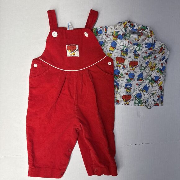 Vintage Petit Jouet Overalls Red Corduroy Animals Boy Girl Set 2 Piece 6-9 Mo - Picture 7 of 14